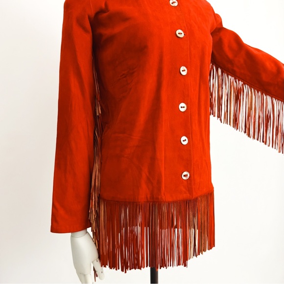 Vintage 90’s Fringe Trimmed Genuine Suede Leather Jacket in Mandarin Red Size 2 - Picture 6 of 10